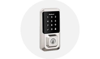 Kwikset Electronic Deadbolt product isolated on top of a gray circle